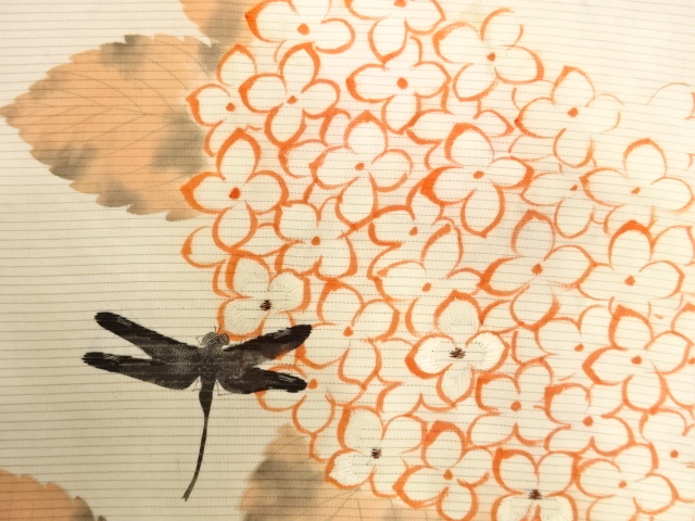 アンティーク　絽　手描き　蜻蛉に紫陽花模様刺繍昼夜帯